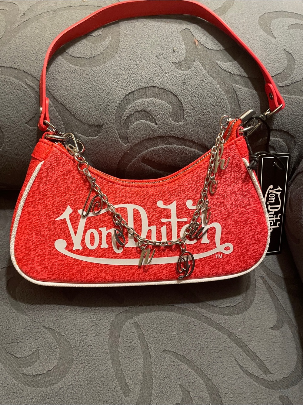 Von Dutch Red Mini Shoulder Bag with Logo Charm Chain - Picture 4 of 5